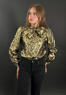 70's Vintage Feminella Gold Black Pussy Bow Blouse