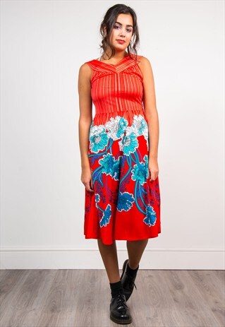 VINTAGE 70'S RED FLORAL PATTERN MIDI DRESS