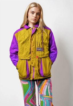 Vintage 80s hooded ski jacket in yellow purple coat retro