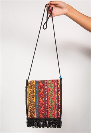 VTG 90'S CRAZY MULTICOLOUR TASSEL FESTIVAL TOTE SHOULDER BAG