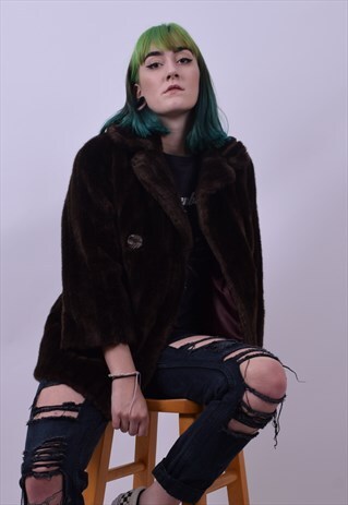 VINTAGE 60'S BROWN FAUX FUR COAT JACKET SIZE MEDIUM