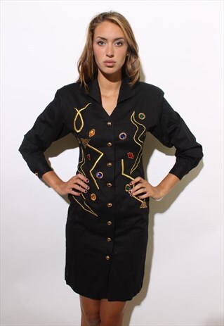 VINTAGE 1980'S 80'S TROPHY DRESS RHINESTONE GOLD GLAM S-M