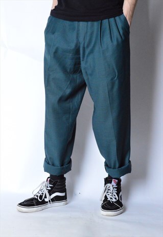 VINTAGE 90S DARK GREEN HOUNDSTOOTH WOOL BLEND PANTS