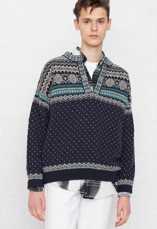 VINTAGE BLUE WOOL KNIT NORWEGIAN JUMPER