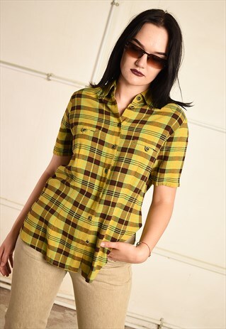 VINTAGE 70S RETRO PARIS CHIC TARTAN CHECKED PLAID SHIRT TOP
