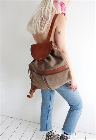 VINTAGE 90S BROWN SUEDE & LEATHER RUCKSACK BACKPACK