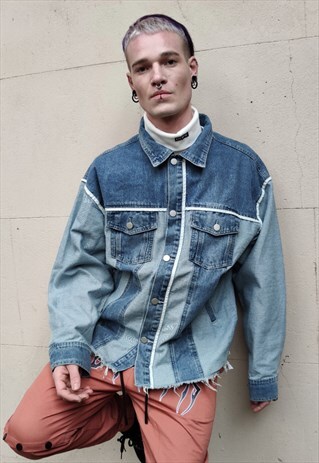 LOOSE FIT OVERSIZE REWORKED RAW DISTRESSED DENIM JEAN JACKET