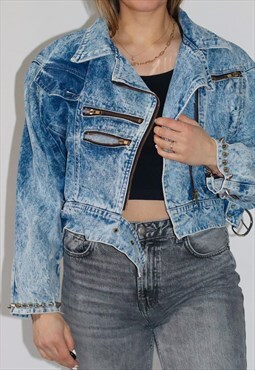 Vintage 80's Zip Boxy Denim Biker Jacket