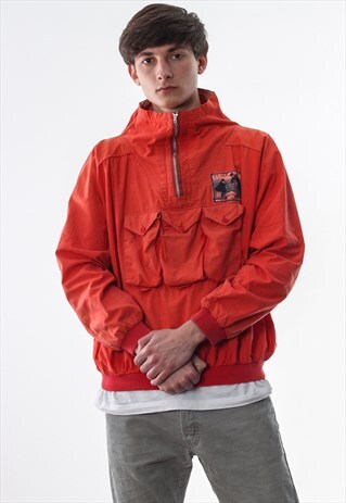 VINTAGE UTILITY MULTIPOCKETS WINDBREAKER PULLOVER 90S RED