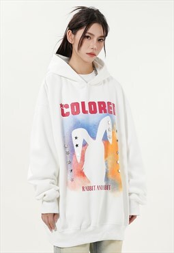 Rabbit print hoodie graffiti pullover skater jumper in white