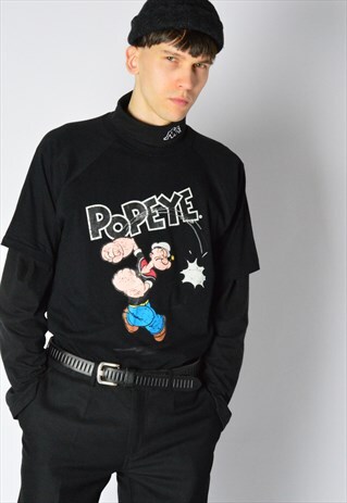 VINTAGE 90S BLACK GRAPHIC POPEYE ANIME T-SHIRT