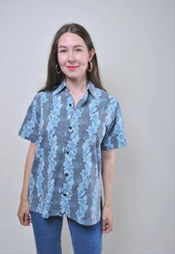 Vintage Hawaiian grey shirt, retro floral summer blouse 
