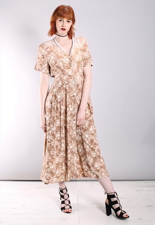 VINTAGE 80S FLORAL LACE TRIM BUTTON TIE BACK MIDI DRESS