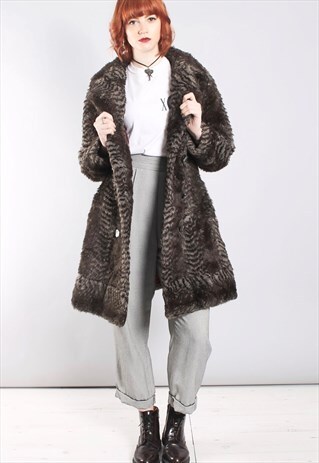 VINTAGE 60S DOUBLE BREASTED FAUX FUR COAT IN BROWN STRIPE