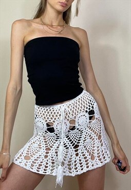 Vintage Y2K 00's Summer Festival Crochet Mini Skirt White