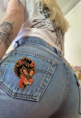 BLACK TRADITIONAL TATTOO WOLFHEAD EMBROIDERED PATCH