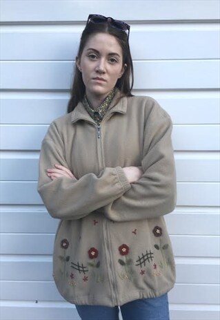 WOMENS VINTAGE BEIGE FLORAL EMBROIDERED FLEECE ZIPPER ZIP UP