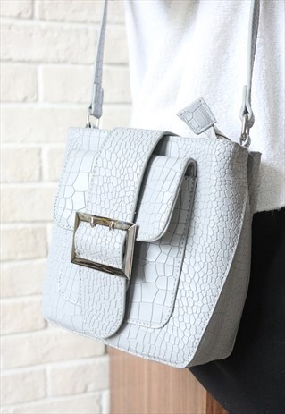 MOCK-CROC BUCKLE SHOULDER BAG - GREY