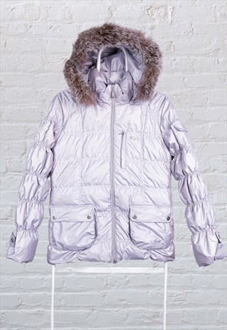 VINTAGE FILA PUFFER JACKET FAUX FUR SILVER WOMEN'S SMALL