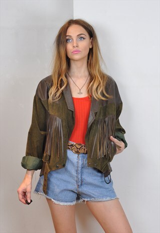 VINTAGE BROWN LEATHER & SUEDE JACKET WITH FRINGING