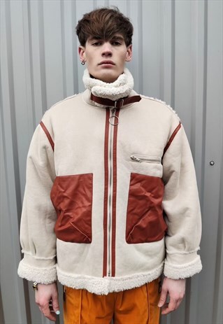 ROLL NECK FLEECE BIKER JACKET FAKE FUR Y2K BOMBER IN CREAM