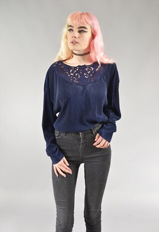 VINTAGE NAVY BLUE MESH NECKLINED BODYSUIT