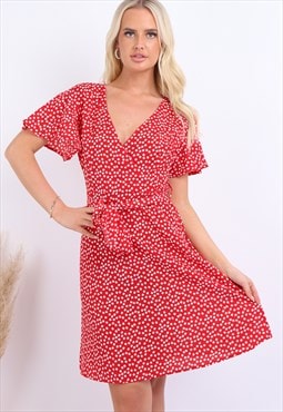 Summer Red Daisy Dot Wrap Front Mini Dress