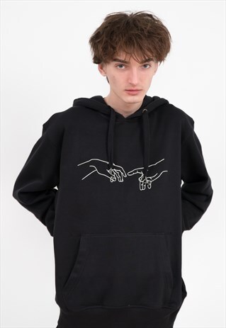 CREATION OF ADAM MICHELANGELO INSPIRED BLACK PRINTED HOODIE