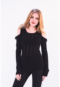 Frill Cold Shoulder Top With Long Sleeves in Black