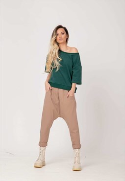 Drop crotch trousers in slim fit leg and large front pockets