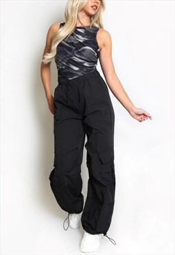 Elasticated Parachute Drawstring Trousers In Black