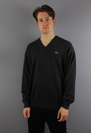 VINTAGE LACOSTE V NECK SWEATSHIRT IN GREY WITH EMBROIDERED L