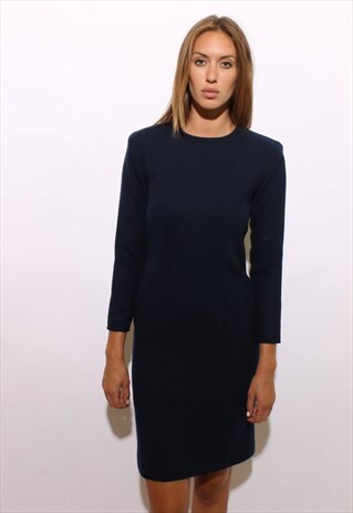 VINTAGE 1990'S 90'S SOLID NAVY BLUE WOOL FITTED DRESS S-M