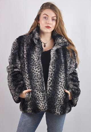 VINTAGE GREY LEOPARD PRINT FAUX FUR JACKET