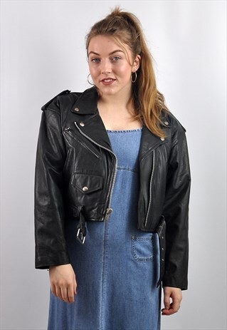 VINTAGE 80S BLACK LEATHER CROPPED MOTORCYCLE BIKER JACKET