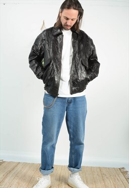 Vintage 90s Leather Jacket Bomber Black 