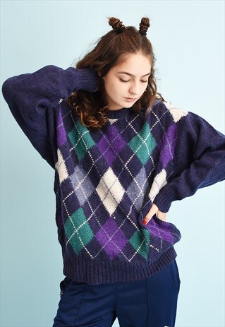80'S RETRO JAZZY ARGYLE PATTERN WOOL GRANDADS KNIT JUMPER