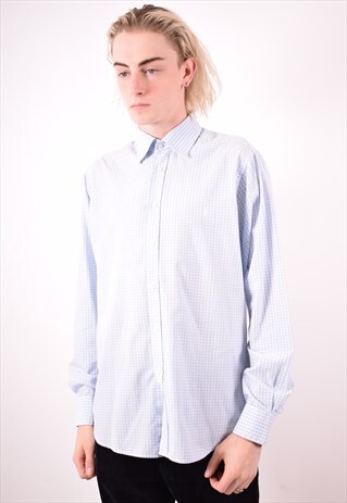 YVES SAINT LAURENT MENS VINTAGE SHIRT MEDIUM BLUE CHECK 90S