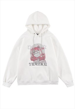 I-girl print hoodie anime pullover chain top in white