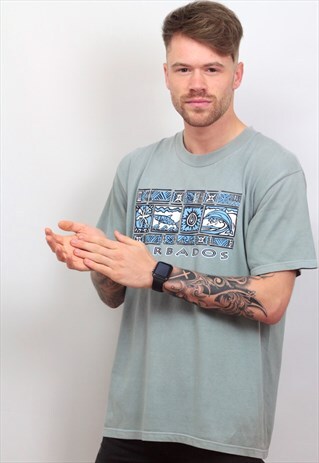 1990'S VINTAGE GRAPHIC 'BARBADOS' PRINT T-SHIRT IN BLUE/GREY