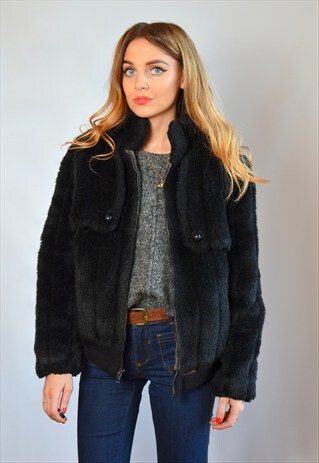 VINTAGE 90S BLACK CHUNKY FAUX FUR JACKET