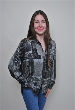 Abstract print blouse, vintage patterned button up shirt 