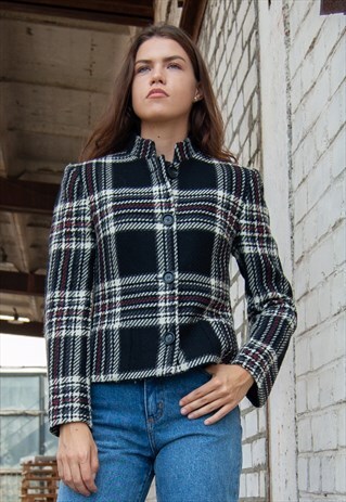 VINTAGE RETRO BLACK WHITE CHECKED WOOL JACKET