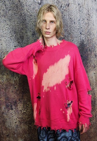 RIPPED TIE-DYE SWEATER GRADIENT BLEACHED JUMPER IN PINK