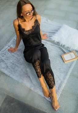 Black satin pajama set with lace trim Camisole and pants