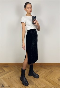 Black Velvet Midi Skirt, Long High Waist Velour Skirt