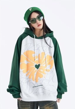 Heart patch hoodie raglan pullover graffiti top in green