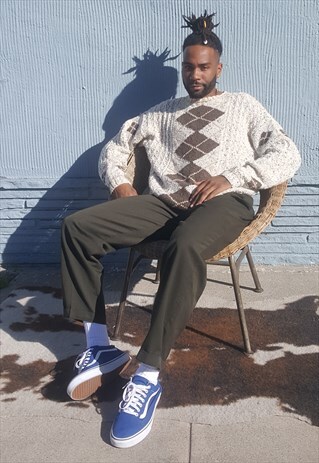 90S OVERSIZE PREPPY LUXURY ARGYLE LINEN BLEND JUMPER LARGE
