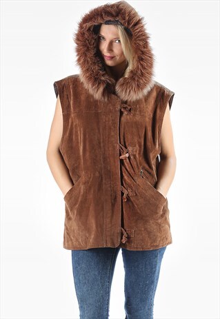 BROWN HOODED SUEDE VEST