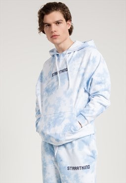 Printed Oversized Hoodie in Blue with Tie Dyed